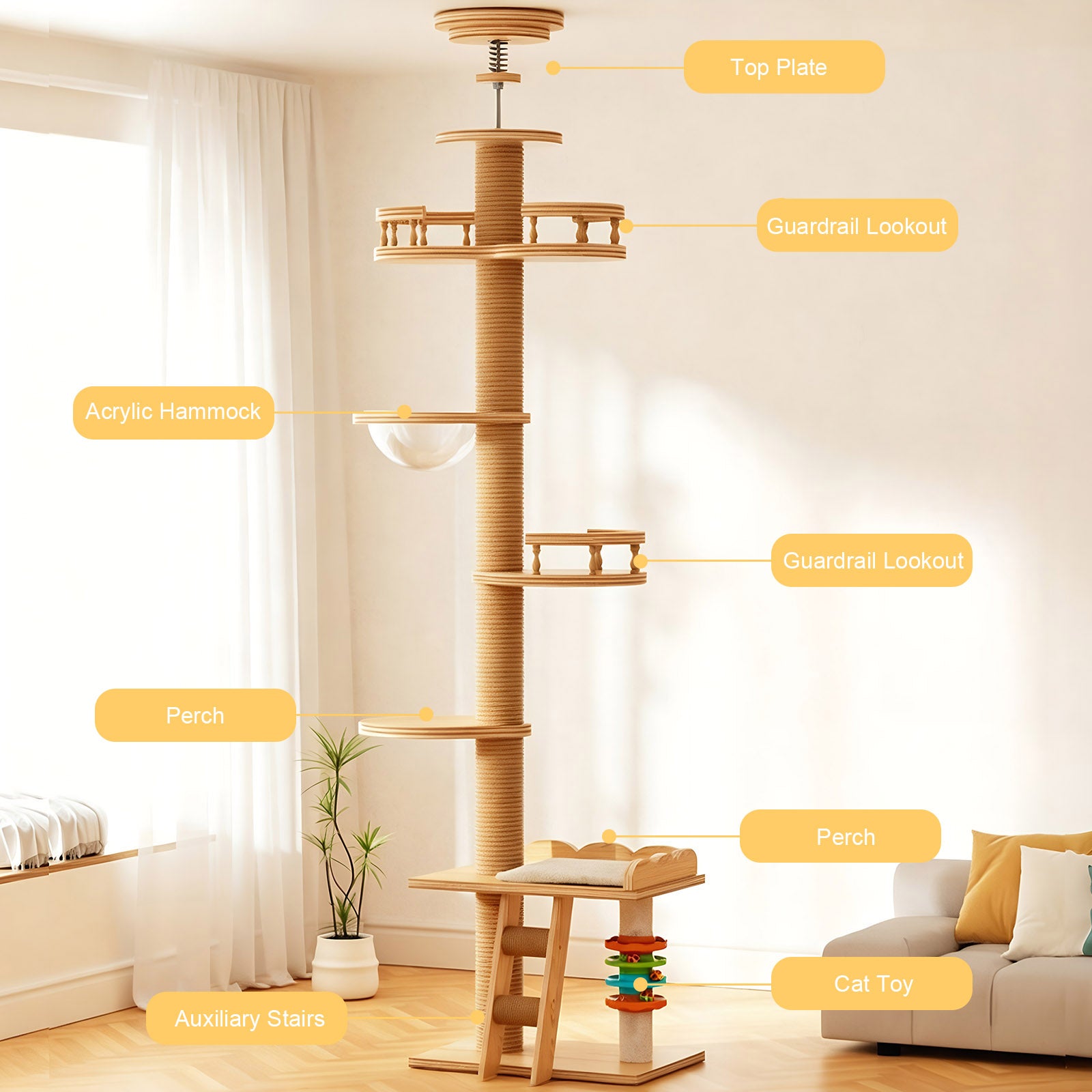 Arbre de chat réglable en hauteur de plancher à encaissement en panneau MDF