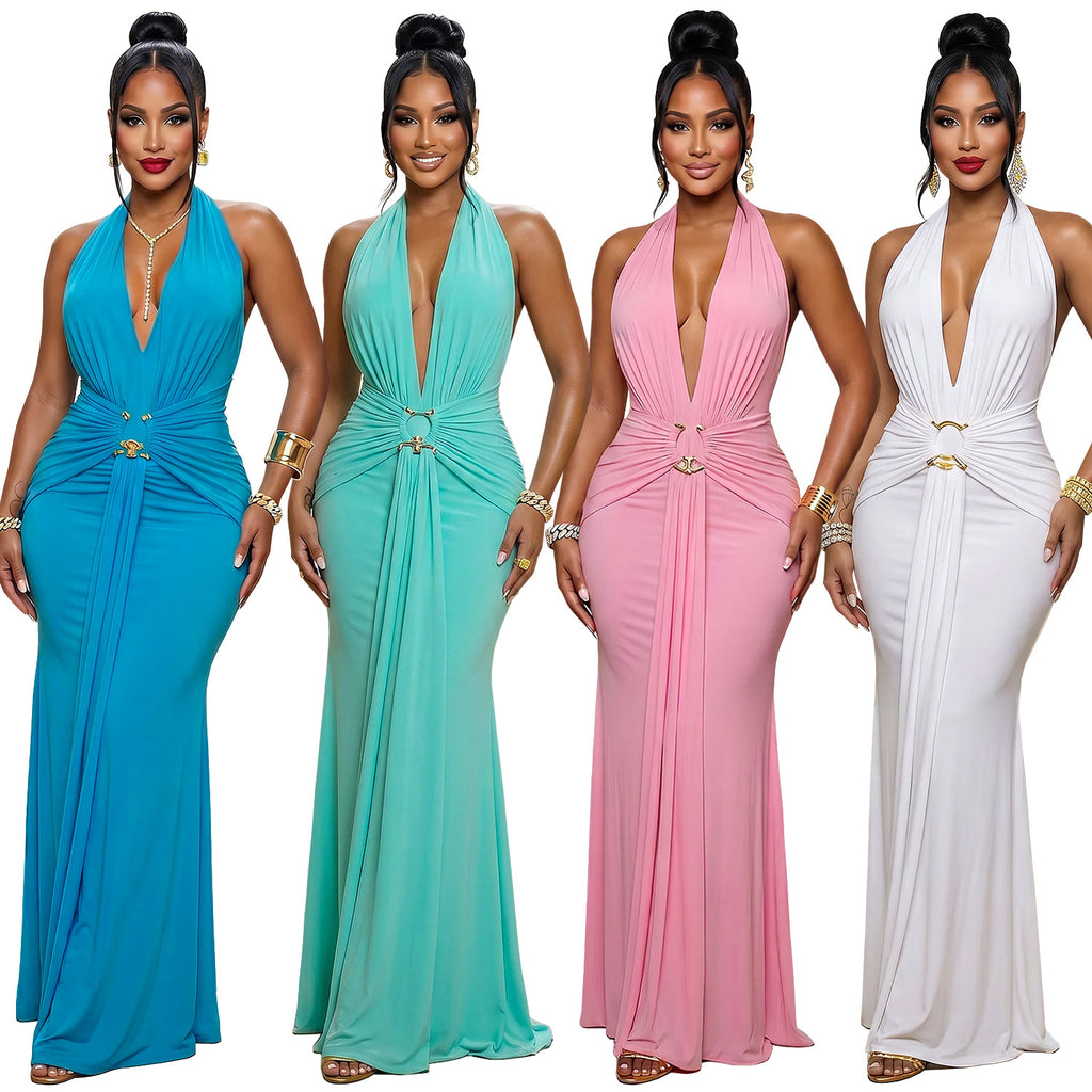 Robe de soirée pour femmes Halter Deep V Ruffled Sirène