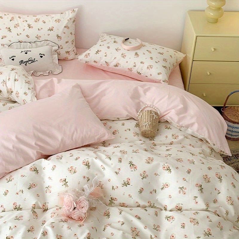 Draps de lit et couverture de couette en coton lavé doux Ensemble de quatre pièces