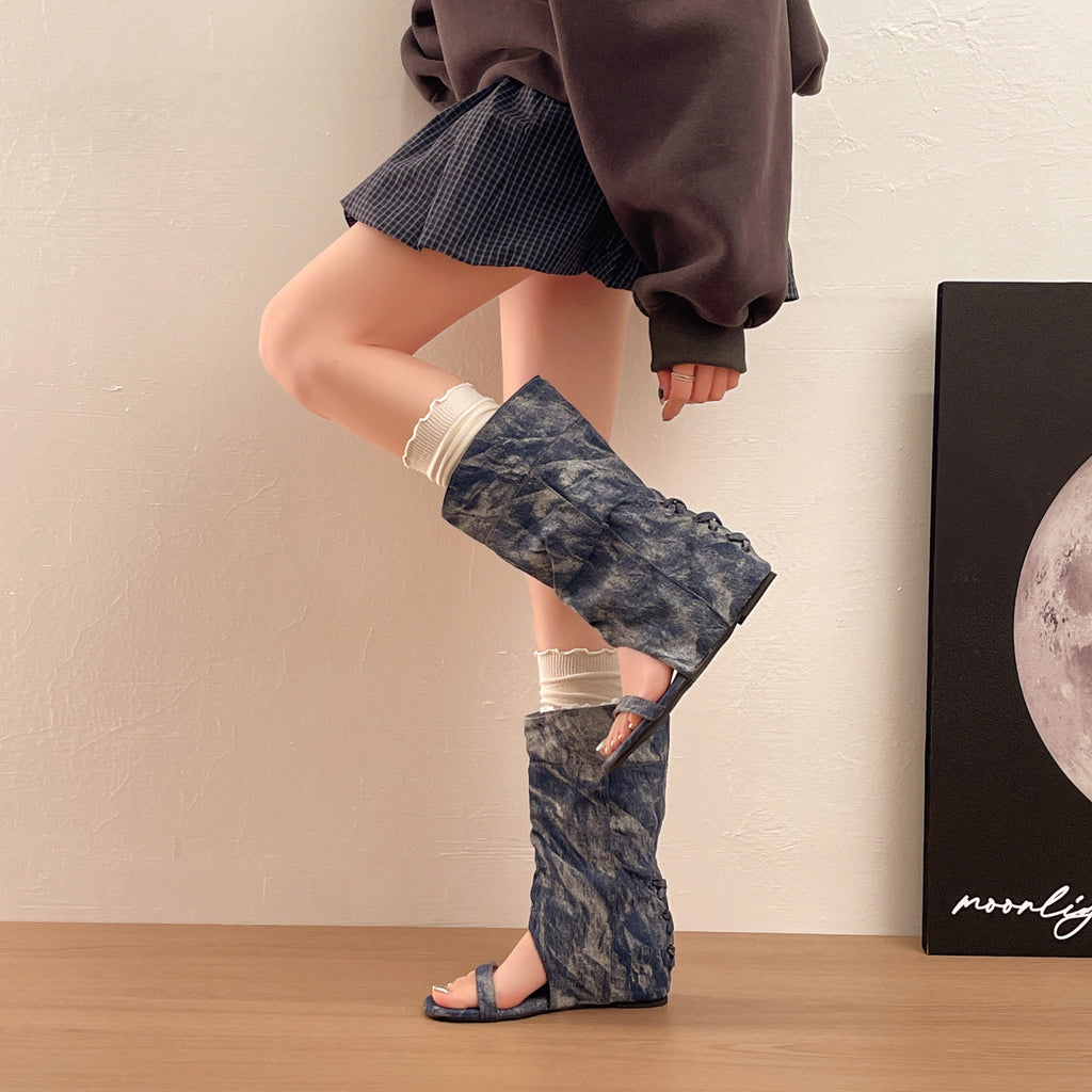 Women's Washed Denim Slouch Open Long Boots