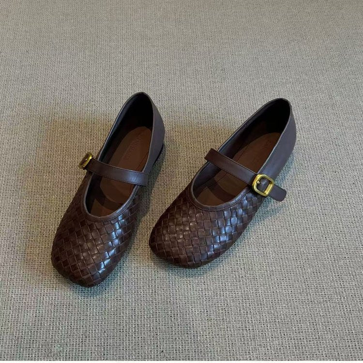 French Woven Shallow Bouche Mary Jane Petite Chaussures en Cuir Pour Célibataire Femme