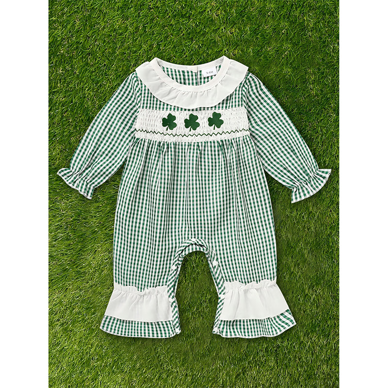 Ewborn Baby Girls Green Plaid Four-leaf Clover Allover Imprimer Bodysui à manches longues en une seule pièce