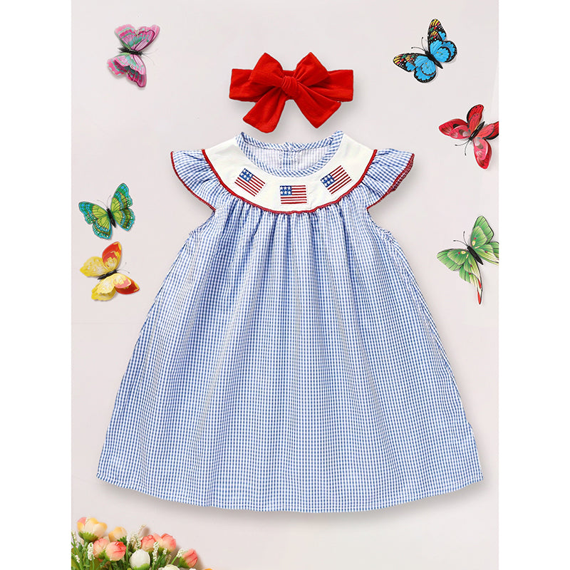 Bébé Filles 4ème De Juillet Robe Gingham American Drapeau Blanc Bleu Couleur Bloc Indépendance Jour