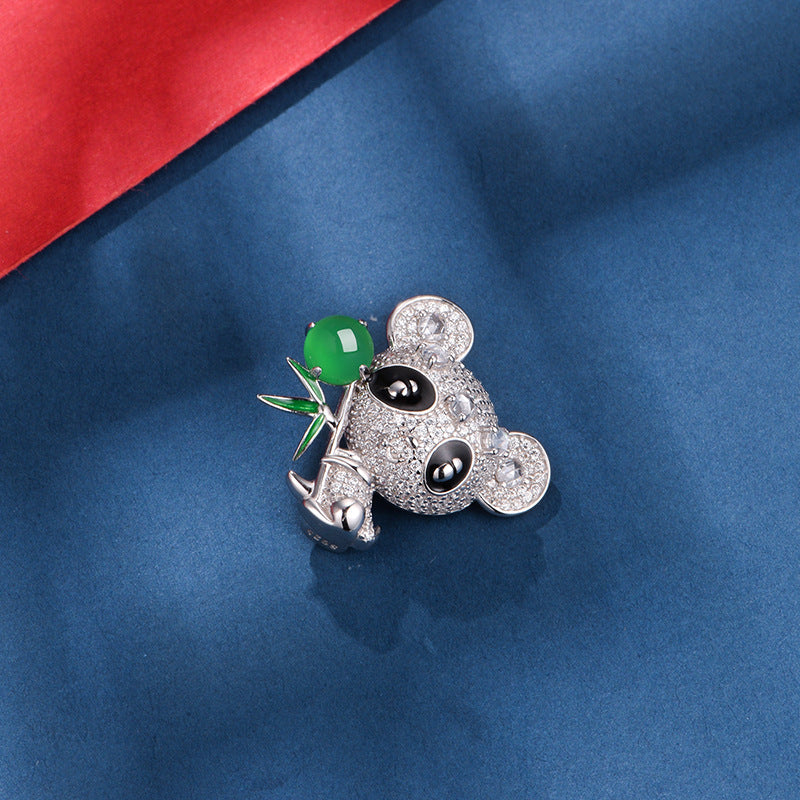 S925 Argent Sterling Panda Brooch 5g 8x6mm Vert ovale Chalcédoine Pave Strass Platinum