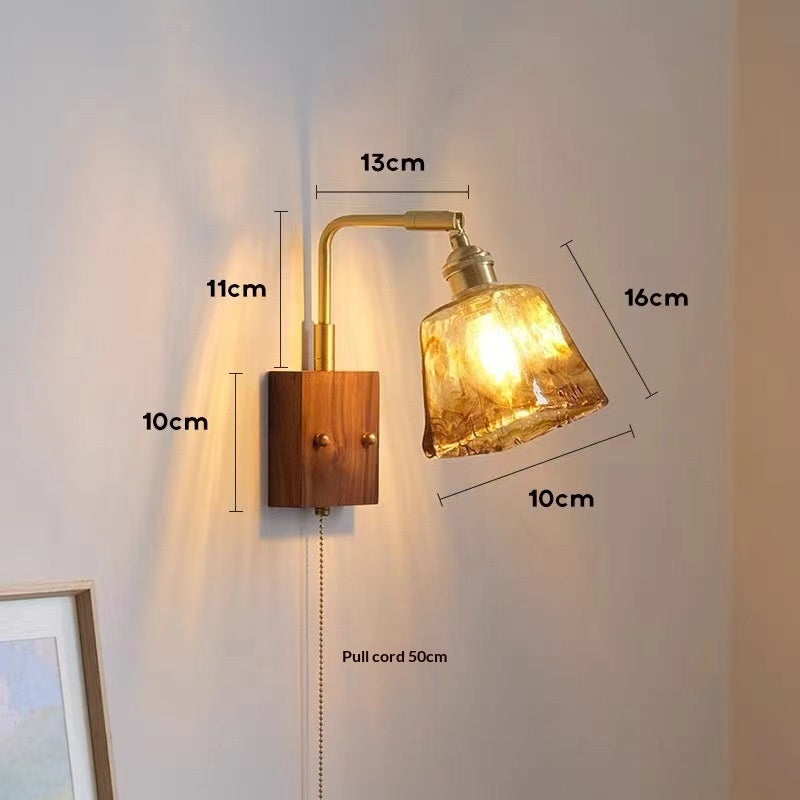 Lampe de lit en noyer mural à chaîne de perles rétro