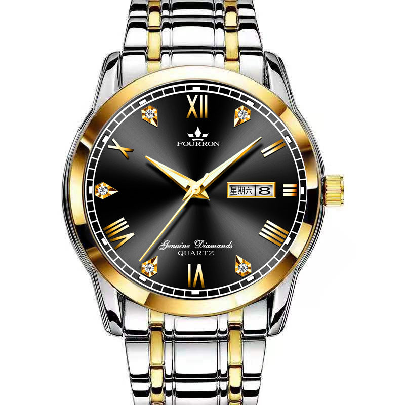 Double calendrier lumineux Quartz acier inoxydable Imperméable montre homme avec montre