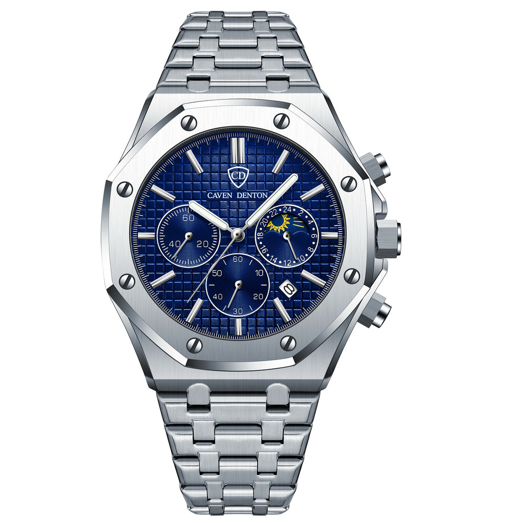Waterproof Three-Eye Six-Needle Multifunctional Moon Phase Steel Men's S