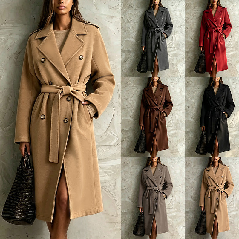 Manteau en laine de longueur moyenne à ceinture double