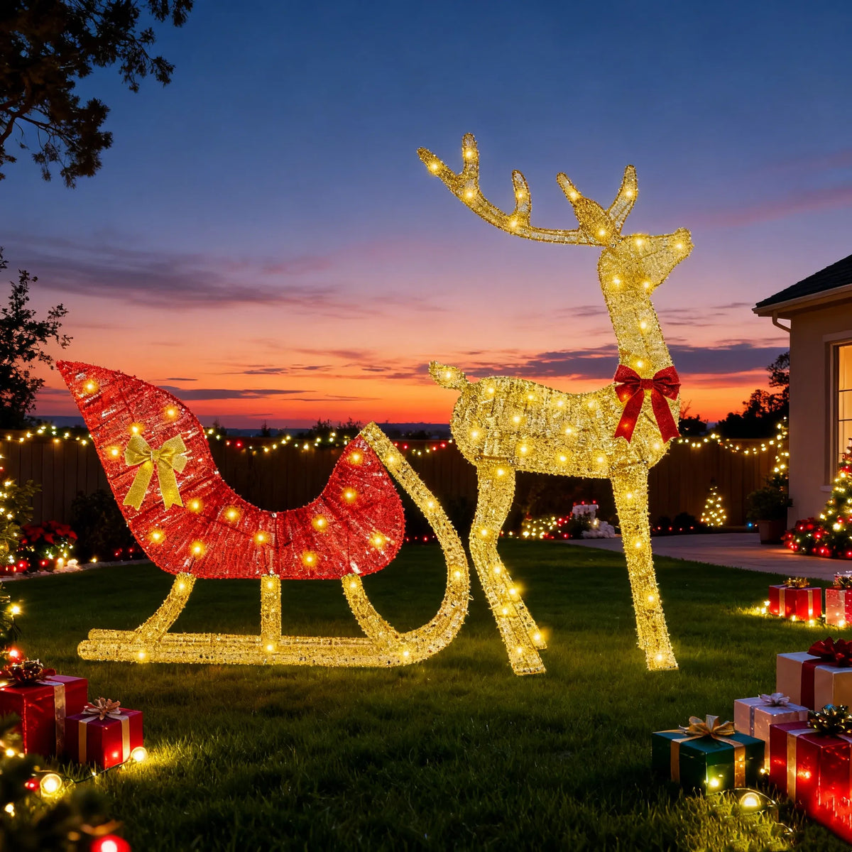 Décoration extérieure de rennes et traîneaux de Noël avec lumières - 16,97ft LED String (Warm Yell