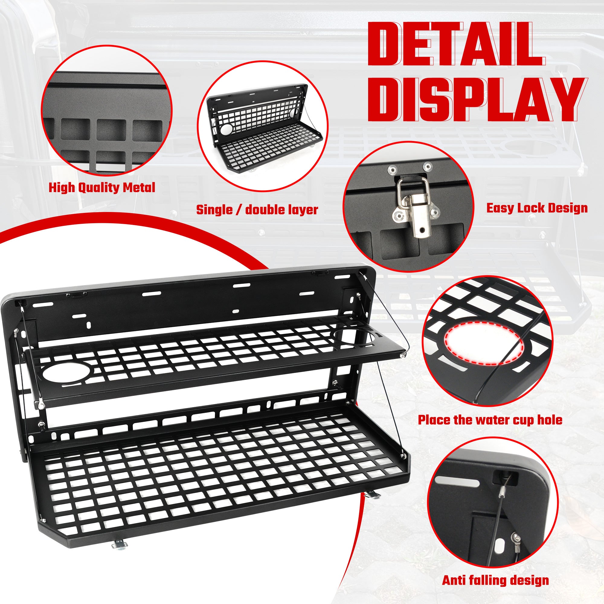 Table de hayon 2 étages arrière Rangement pliable Cargo Rack Bureau de camping extérieur pour 2007- Jeep