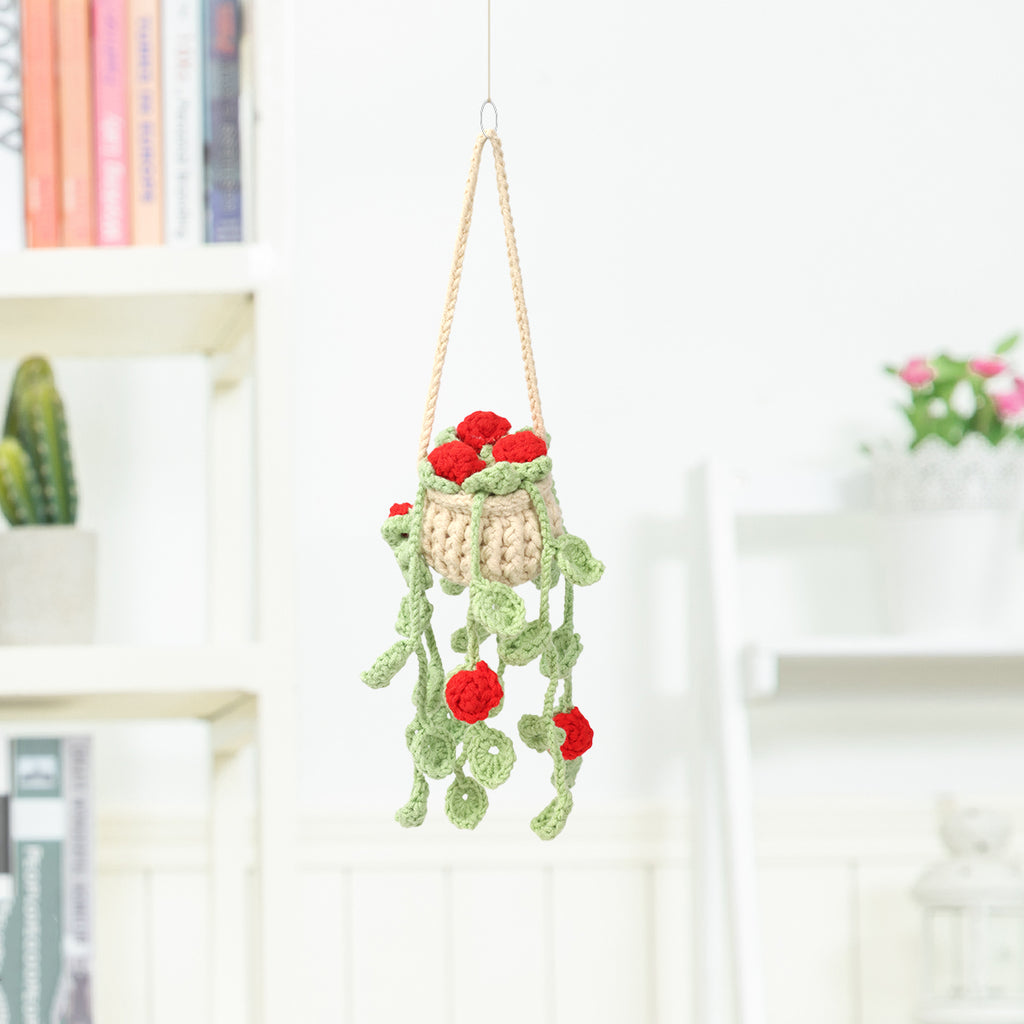 Crochet fait main Trailing Cœur Rouge Bud Vert Vigne Suspension Ornement Potté Fil doux Everl