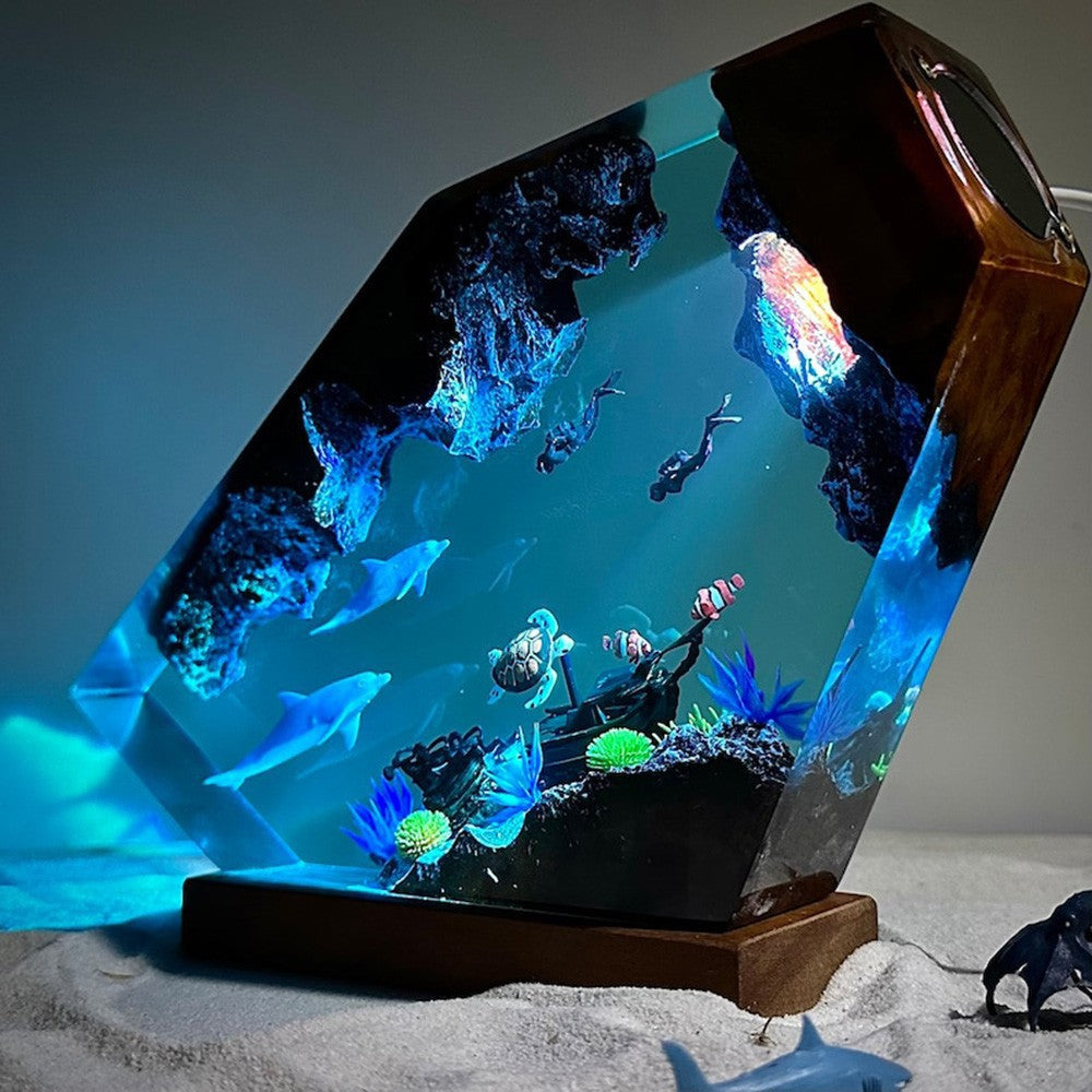 Marine Style Orca Diver Themed Lampe en bois résine Lumière de nuit