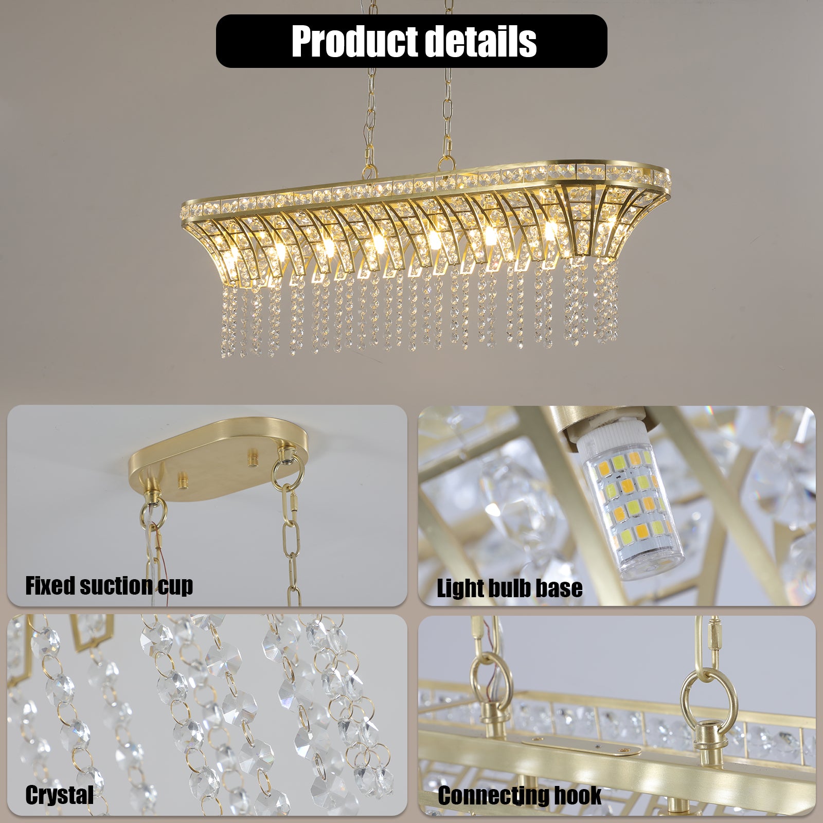 39" Rectangle linéaire en cristal moderne Lustre avec finition or