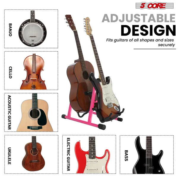 5 CORE Double Guitar Stand Sol réglable Heavy Duty A Frame Universal Folding Acoustic