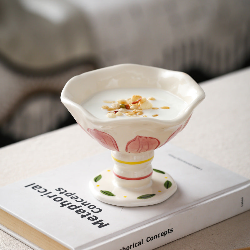 Underglaze Décoré Céramique High Footed Cup Ice Cream Bowl Dessert Cup