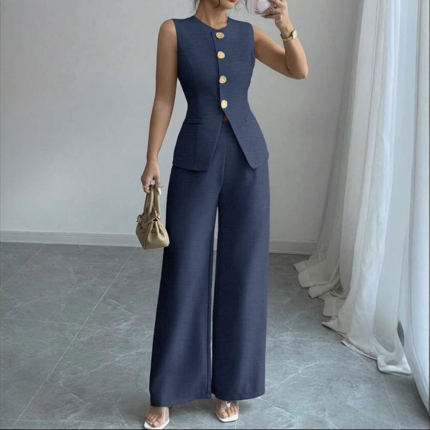 Élégant Veste de couleur unie et pantalons à deux pièces