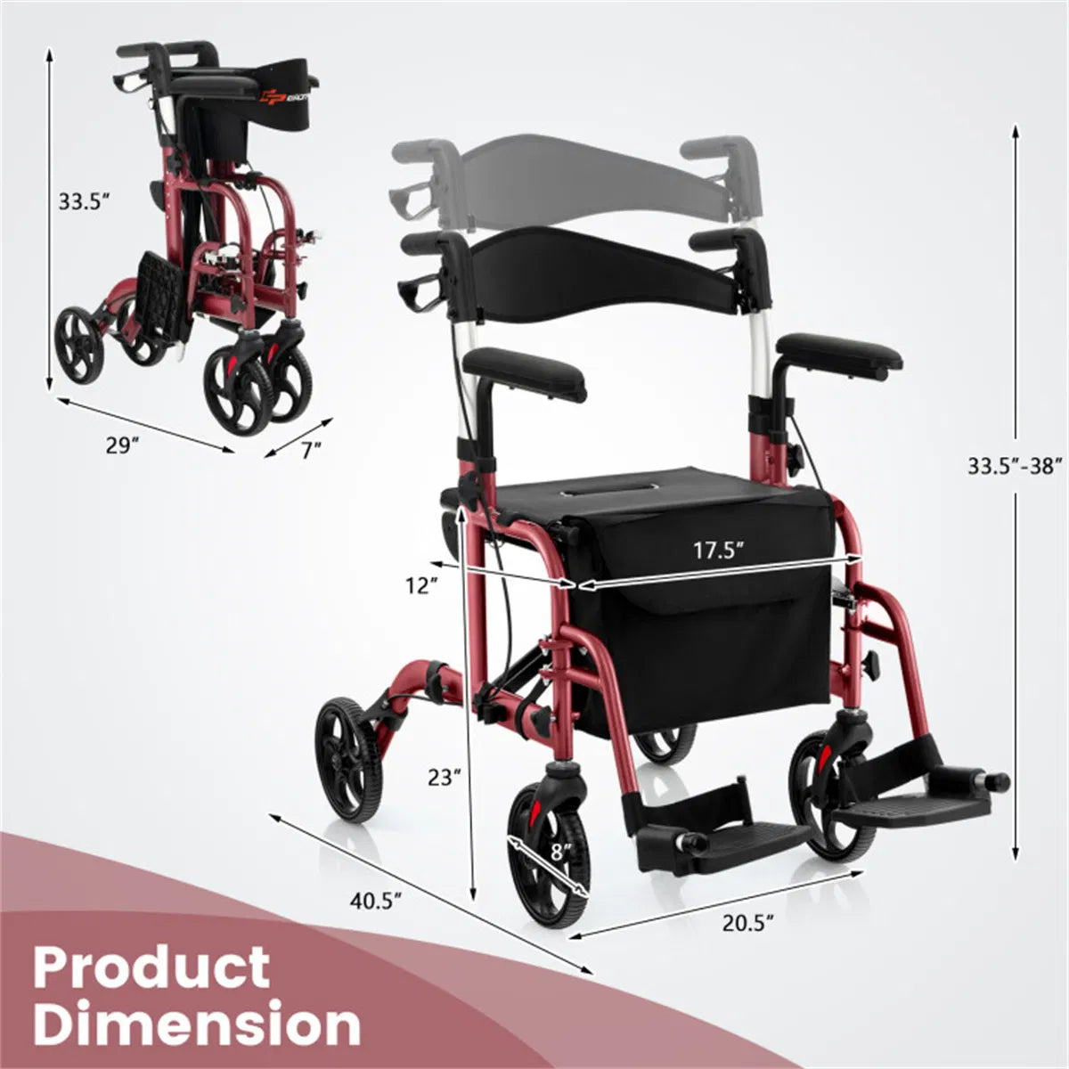 2-en-1 Walker roulant et fauteuil roulant (300lbs): poignées réglables à 6 niveaux