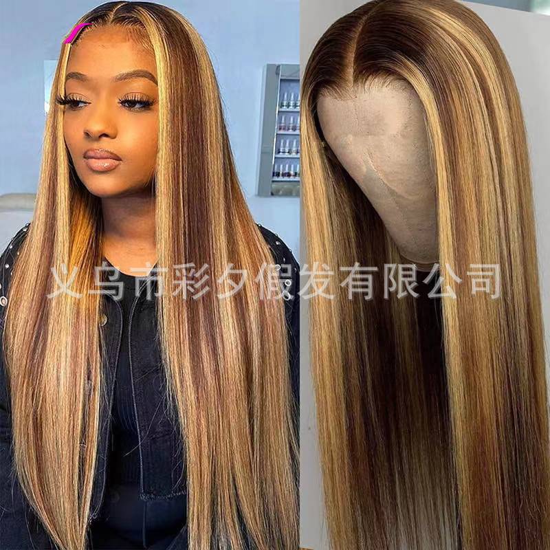 Avant Dentelle Lumière Dorée Long Droite Cheveux Complet Perruque Cap