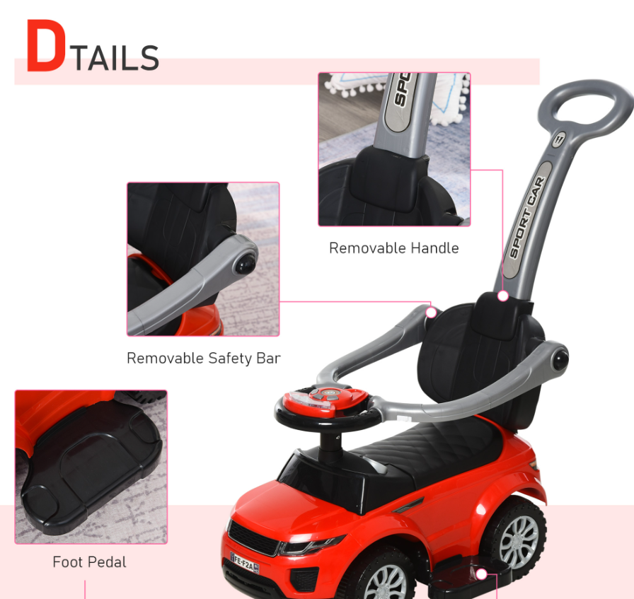 Enfants 3 en 1 Push Car Ride-On Poussette Jouet de marche coulissant avec Horn Music Light Secure Bar