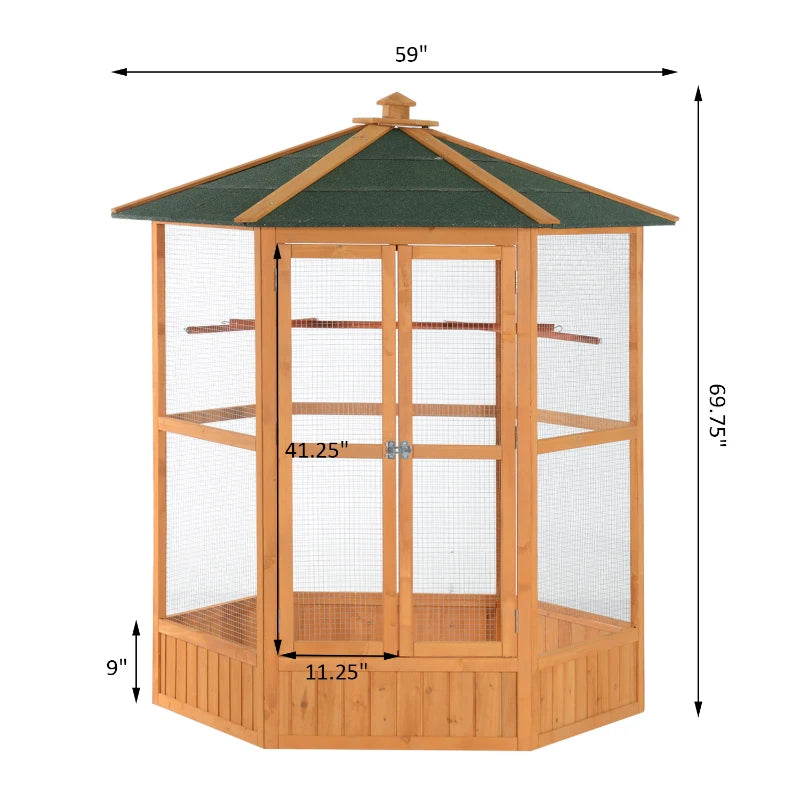 PawHut 69 En bois Hexagonal En plein air Aviaire Cage d'oiseau avec toit couvert