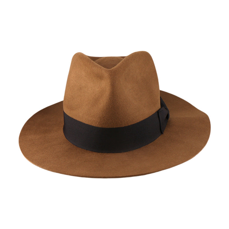 Chapeau en laine denim avec un large bord et Bow