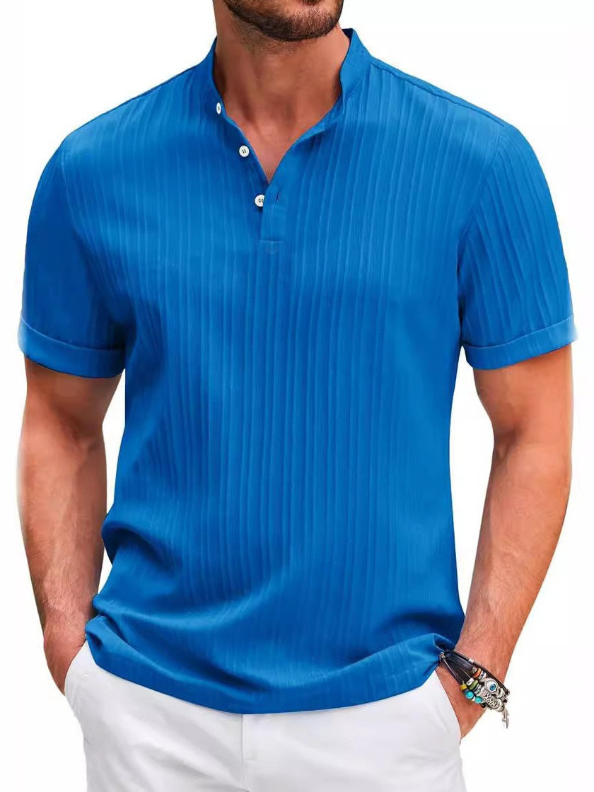 Homme Cotton-lin Jacquard Solide-couleur Casual Loose-fit Chemise manches courtes