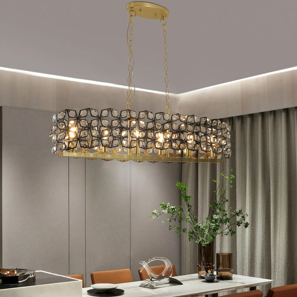 Lustre de 39" en cristal contemporain et pendentif en or noir – Fixation de lumière moderne géométrique
