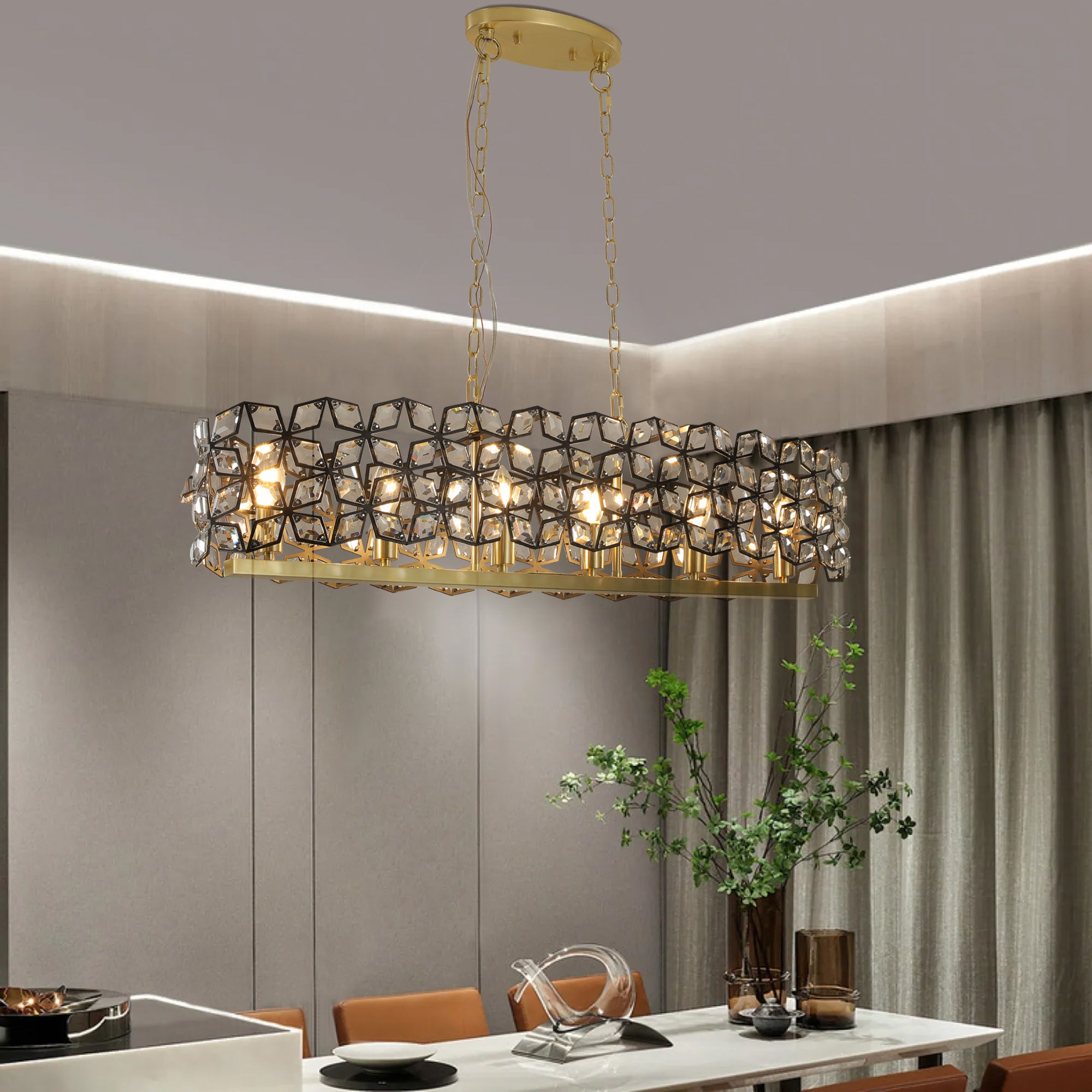 Lustre de 39" en cristal contemporain et pendentif en or noir – Fixation de lumière moderne géométrique