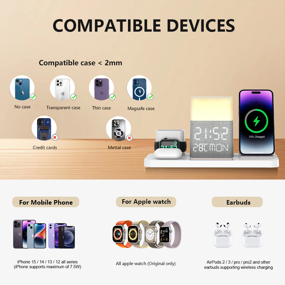 6-en-1 Ensemble de recharge sans fil Touch Night Light Téléphone mobile Bluetooth temps de synchronisation