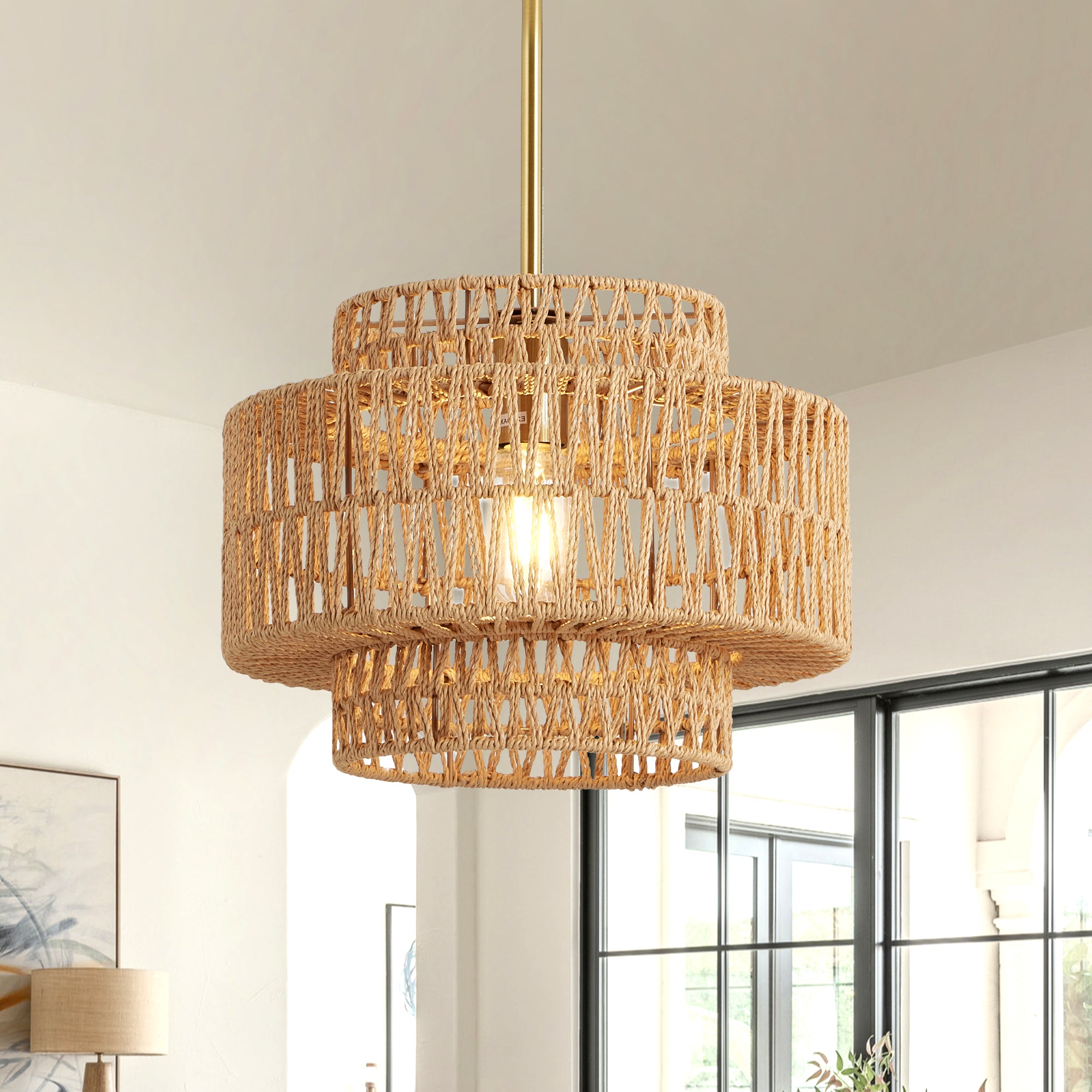12.6 in Boho Rattan Chandelier Light Fixture,1-Light Hand Woven Pendant Light Fixture Farmhouse Rustic Hanging Lamp for Kitchen Island Bedroom, Dining