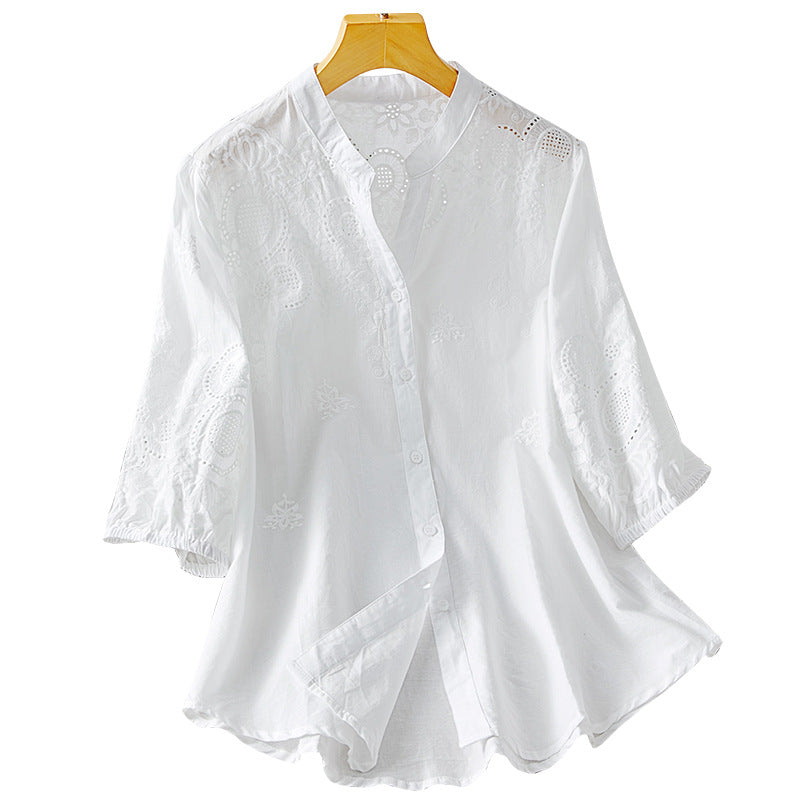 Blouse blanche à col V Manches à trois quarts Arrivée Coton pur