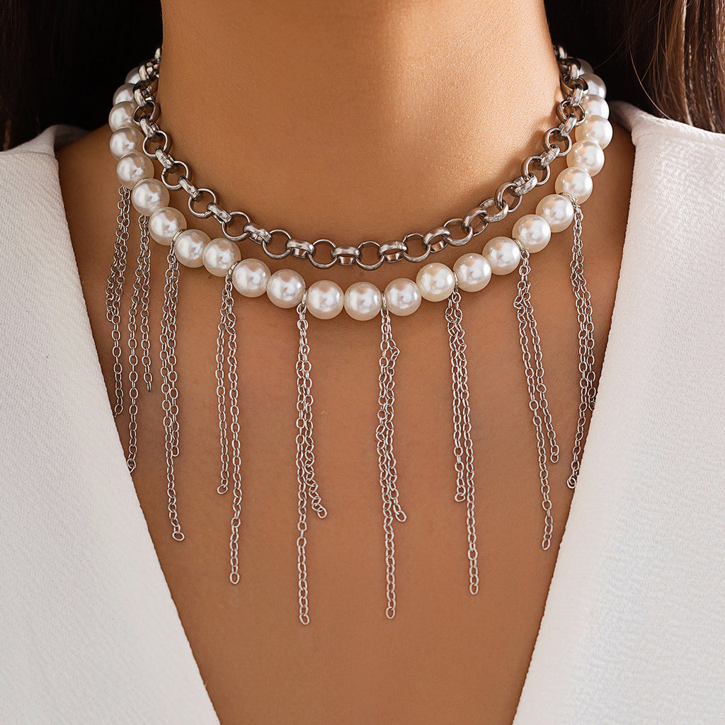 Pearl Tassel Fun Design Double couche Collier rétro Accessoires pour femmes