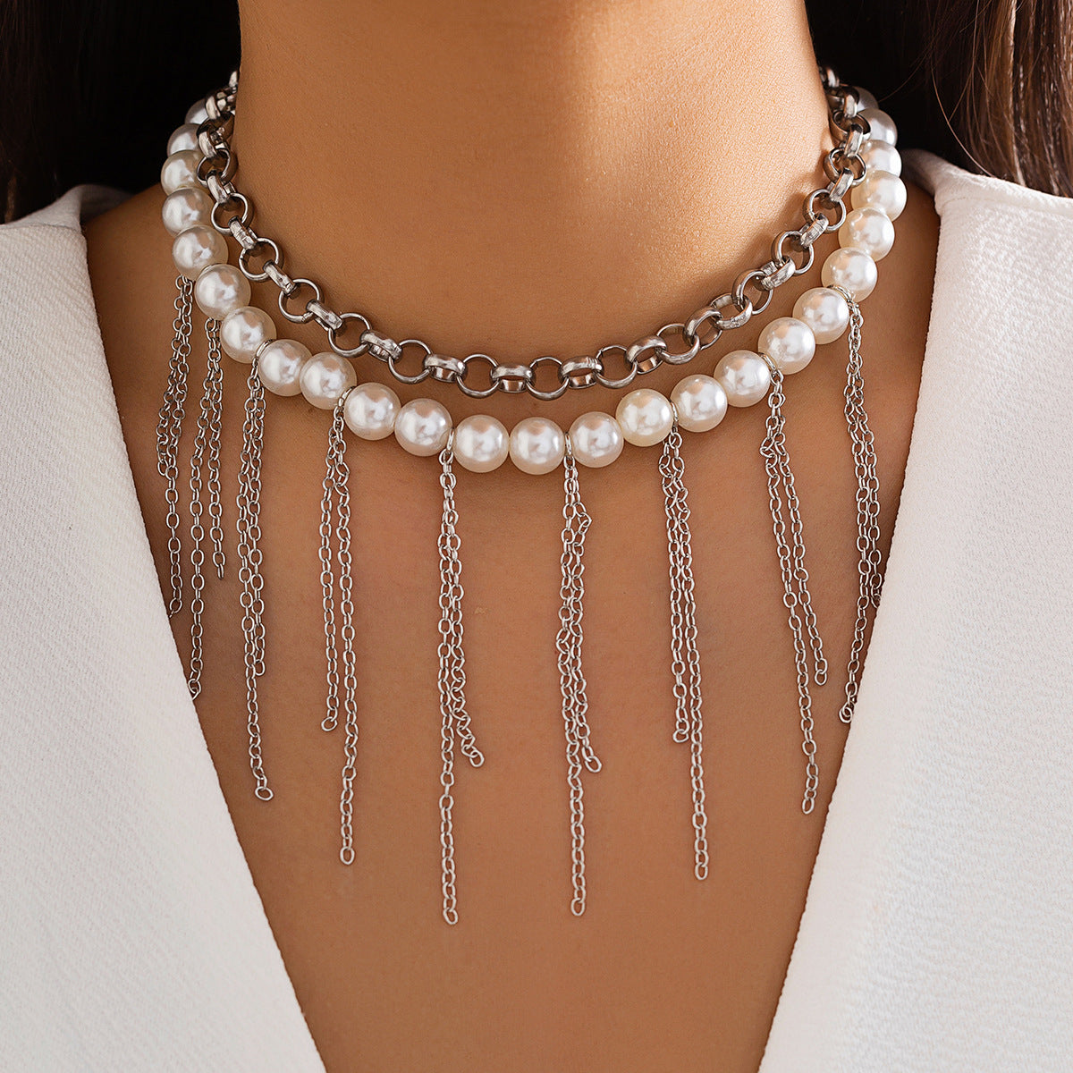 Pearl Tassel Fun Design Double couche Collier rétro Accessoires pour femmes