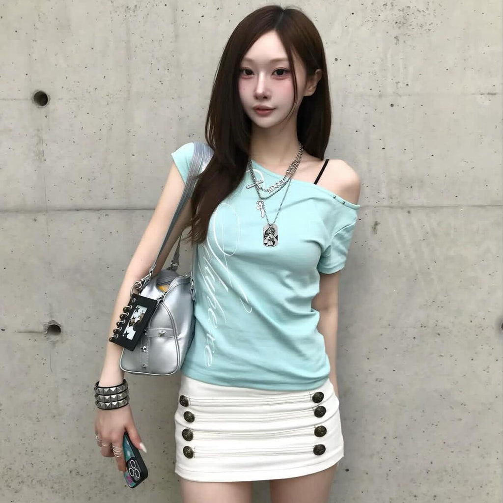 Dentelle Cross Sans dos Menthe Vert Manches Courtes Hors-Sholder T-shirt Femmes Top