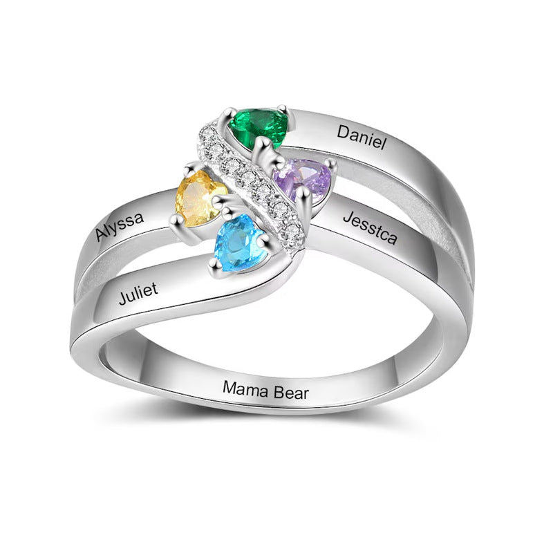 Couleur Blocked Birthstone Laser gravé argent plaqué anneau personnalisé