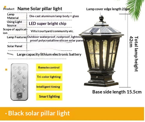 Solar Couryard Light European Outdoor Column Headlight Waterproof Fence Gate Pillar Light