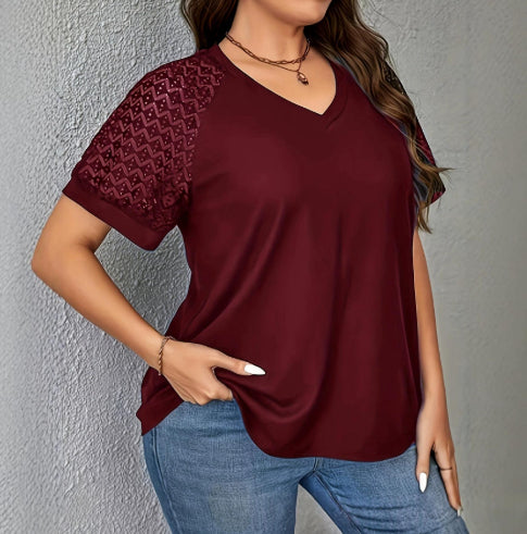 Élégante Dentelle-Patchwork Hollow-Out T-Shirt Femmes Casual manches courtes