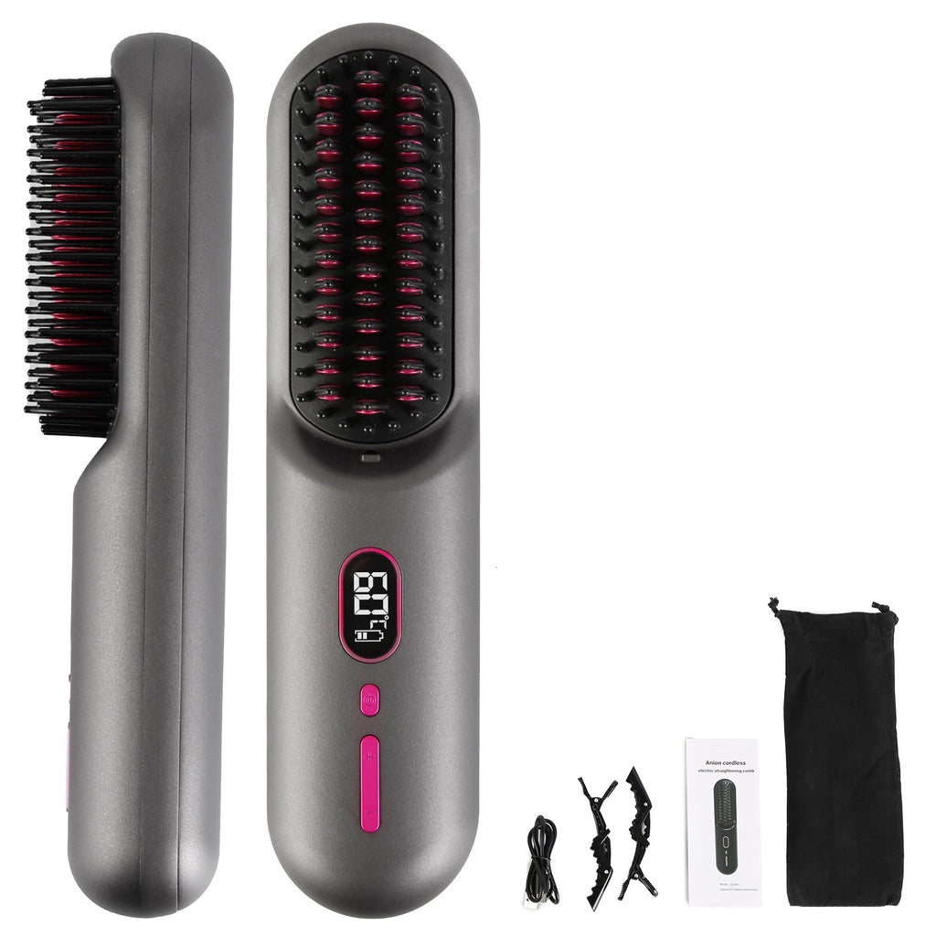 Options Gris-Noir -- 1Pc sans fil Négatif brosse de lisseur de cheveux Ion rechargeable Mini