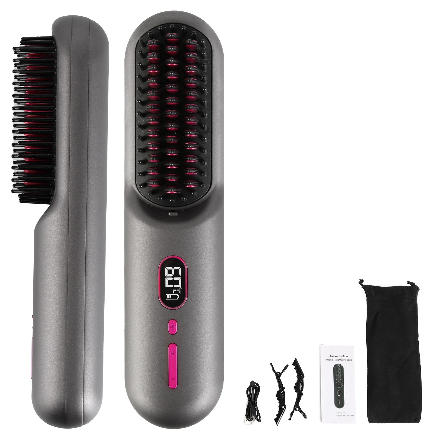 Options Gris-Noir -- 1Pc sans fil Négatif brosse de lisseur de cheveux Ion rechargeable Mini