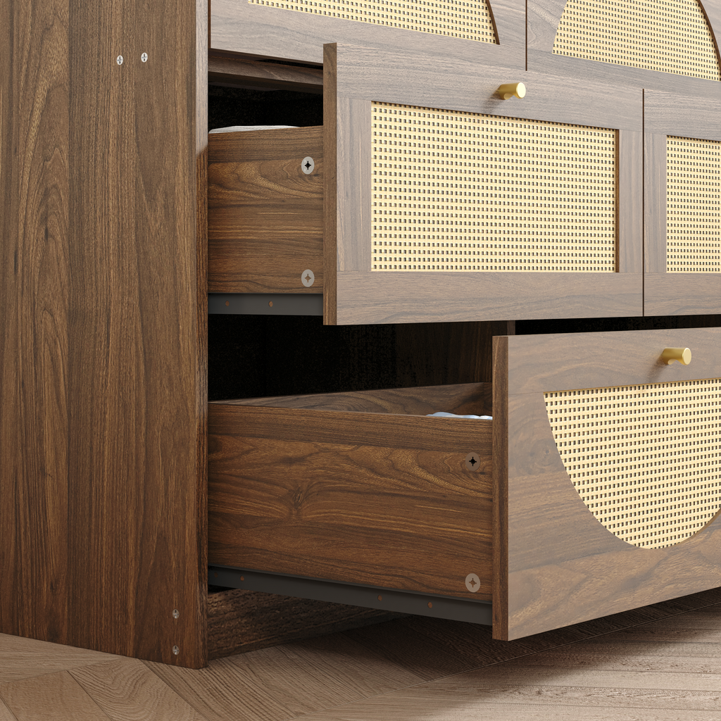 Finition de noix Dressing 9-Drawer avec Rattan Front