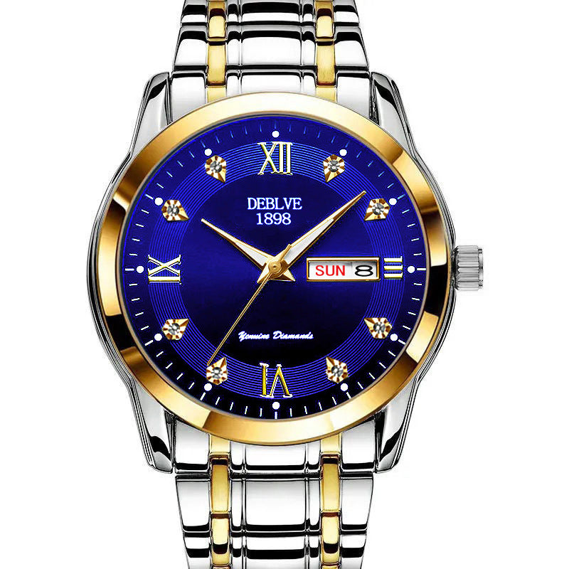 Mode Alliage Ceinture en acier imperméable Lumineux hommes double calendrier montre