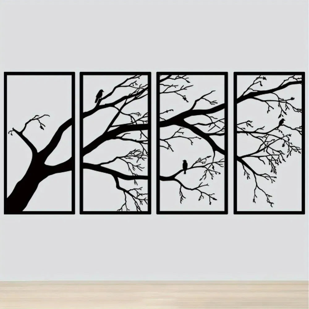 CIFbuy Iron Bare Branch & Bird 4-Panel Wall Art