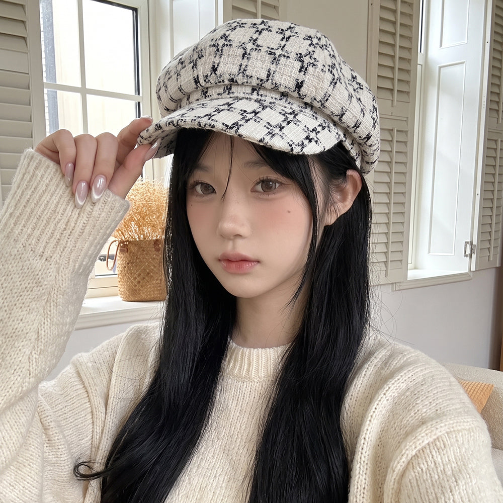Patterned Tweed Octagonal Newsboy Cap avec un style rétro britannique