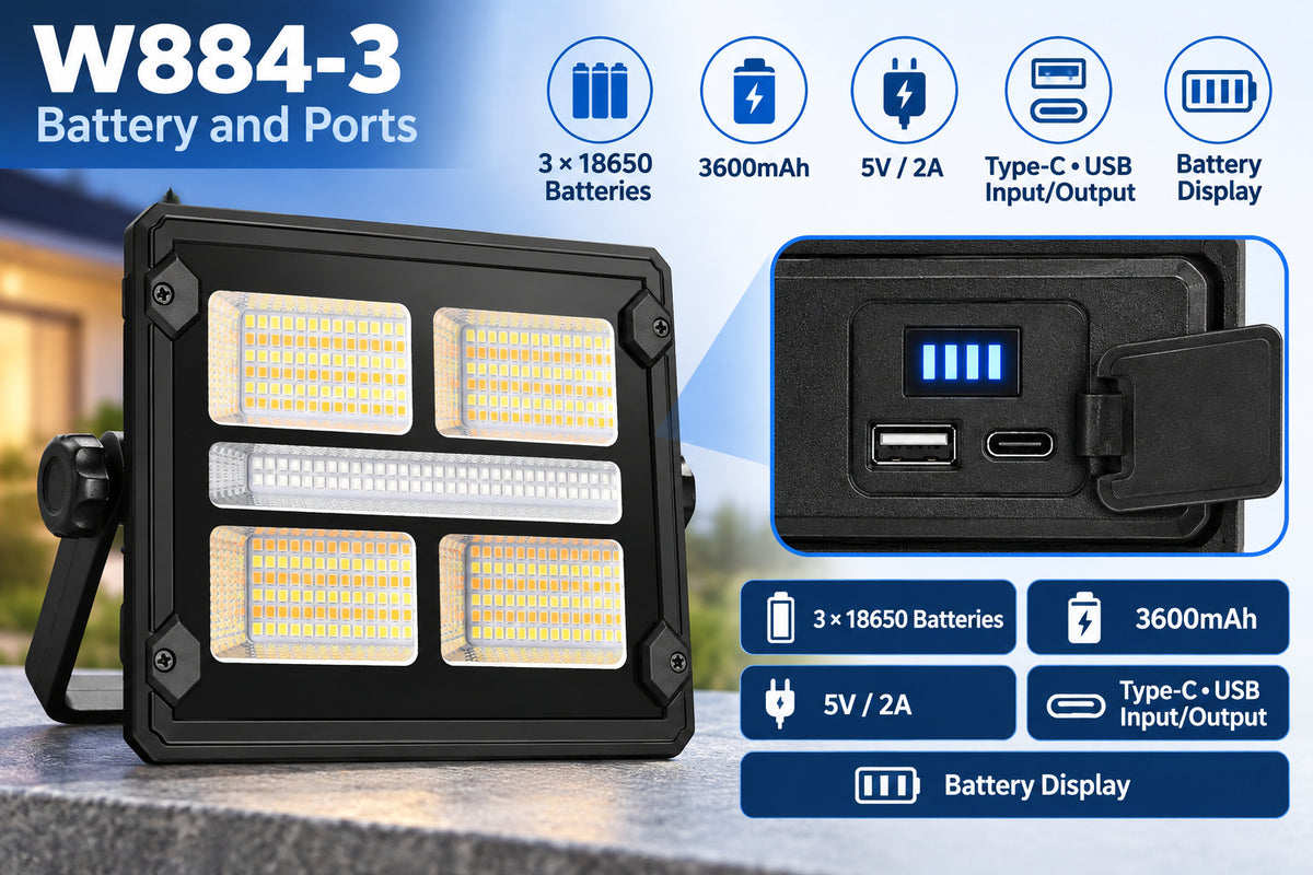 Afficheur de batterie rechargeable alimenté par le solaire Type C LED Lumière de déluge W884 3 Bleu Rouge Dimmable