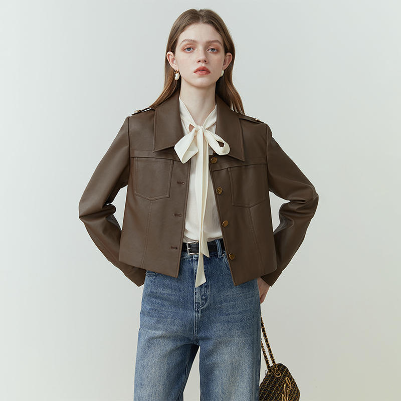 Manteau en cuir court pu rétro femelle