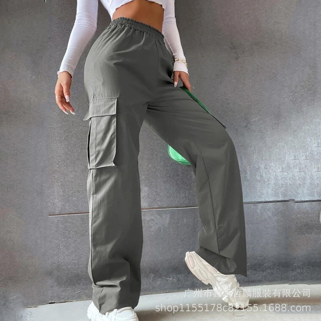 Haute taille large jambe droite jambe libre extérieur Casual Multi Pocket vêtements de travail pantalons