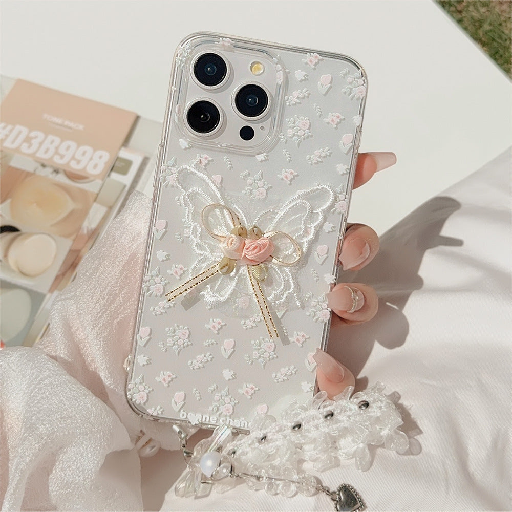Aesthetic Embroidered Flower Phone Case with Transparent Lace Pendant