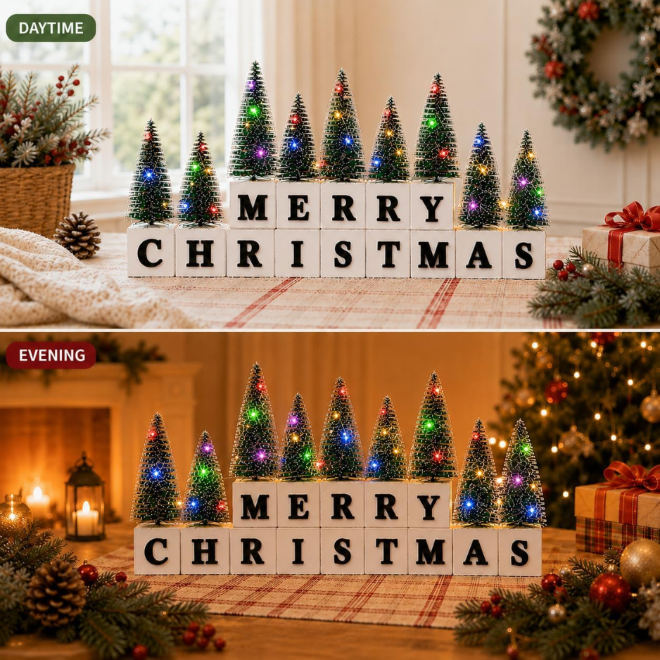 Décor de table de Noël avec mini arbres lumineux multicolores et lettres 3D en bois Noël S