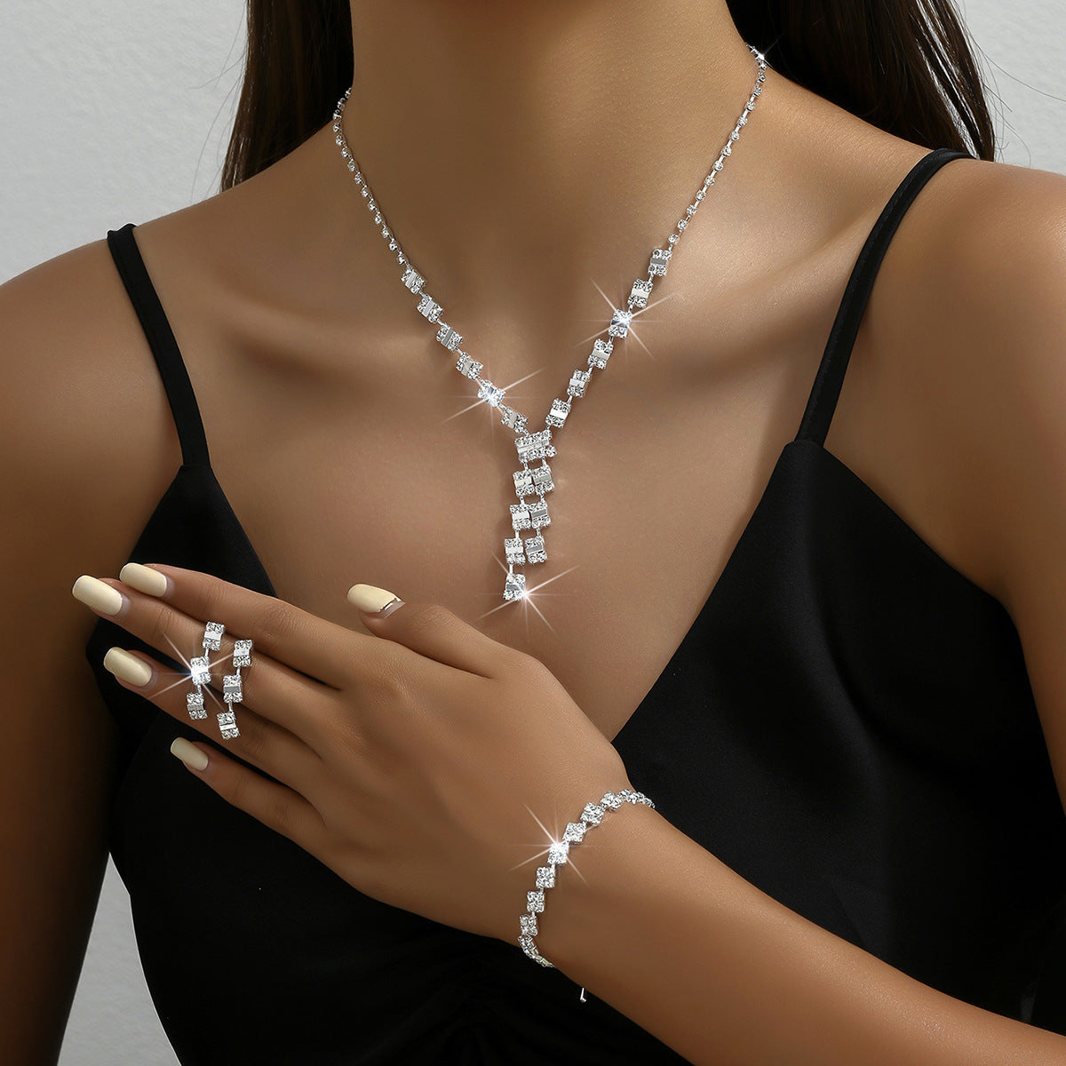 Ensemble de bijoux femmes Baguette Square Y-Drop CZ 3Pcs