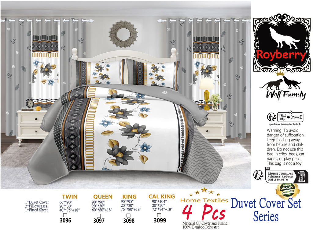 Ensemble de literie 4 piece gris et blanc de couette florale pour la Reine